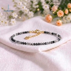 Pulseira delicada de turmalina negra e quartzo rutilado - Joia minimalista de cristal para aterramento e cura - Presente para madrinhas