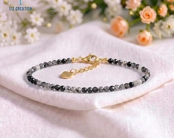Pulsera delicada de cuarzo rutilado con turmalina negra - Joyería minimalista de cristal para conectar con la tierra - Regalos para damas de honor