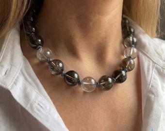 Chunky Hand Knotted Smoky Quartz Choker Necklace | Large Crystal Grounding Statement Jewelry Gift