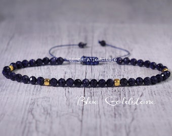 Blue Goldstone Minimalist Bracelet -Natural Stone Dainty Bracelet- Healing Crystal Delicate Spiritual Protection June Birthstone Gift