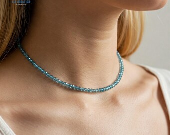 Collier Ras Du Cou En Argent 925 - Topaze Bleue Ronde 6mm - Chaine Type Rolo - Fermoir à Ressort - Fait Main Thaïlande