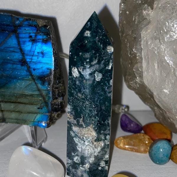 モスアゲートタワーポイント、天然宝石オベリスクワンド、鉱物標本