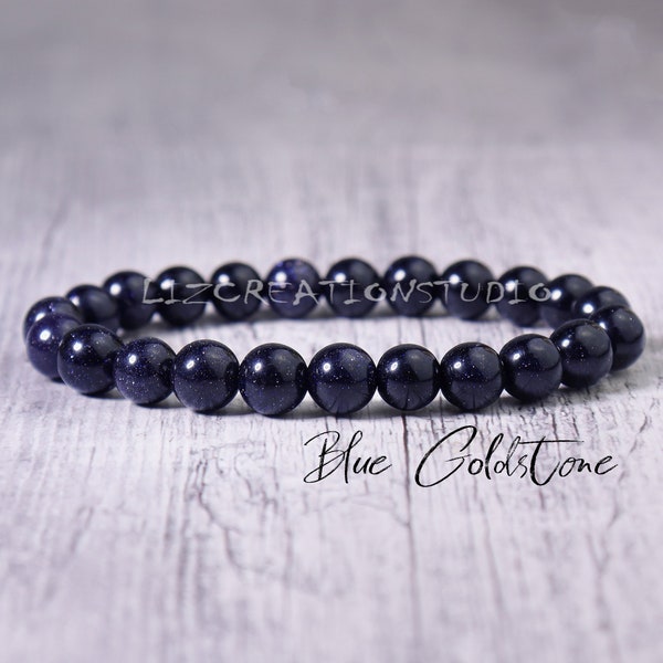 Blue Goldstone Bracelet -Natural Stone Stretch Bracelet- Healing Meditation Grounding Crystal Bracelet- Delicate Spiritual Protection Gift