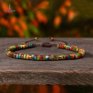 Natural Stone Dainty Bracelet- Minimalist Crystal  Galaxy Sea Sediment Jasper Tube Bracelet -Heart Chakra, Stacking