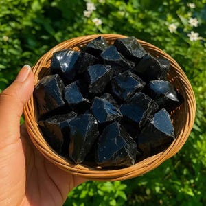 May include: A round, light brown woven wicker basket filled with numerous raw, glossy black obsidian stones. The stones have irregular, angular shapes with smooth, reflective surfaces that catch the light, creating sharp highlights across the dark texture.