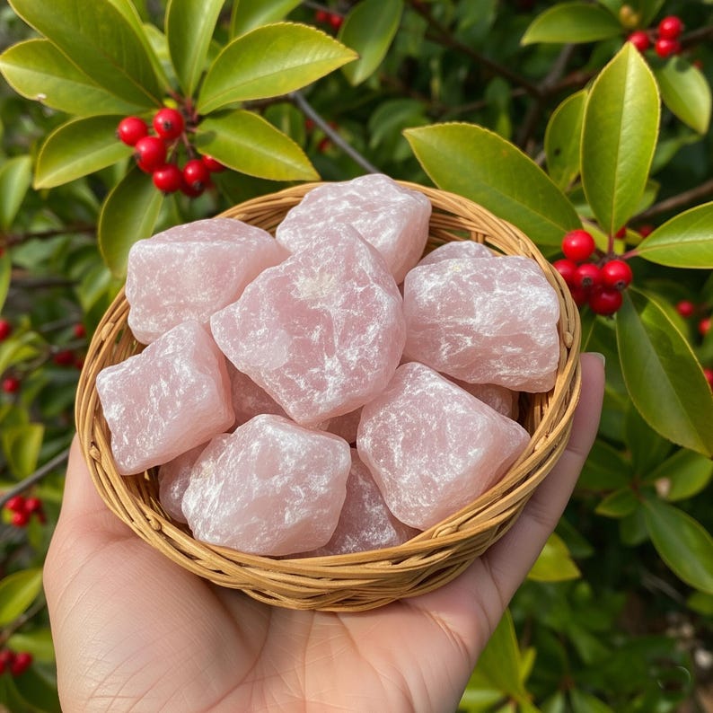 May include: A woven basket filled with several rough-cut rose quartz stones. The stones are a soft pink color with white veining. The basket is held in a hand, with green foliage and red berries in the background.