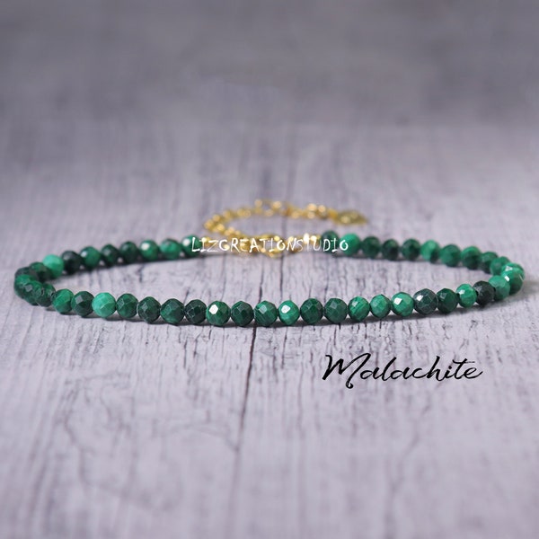 Malachite Minimalist Bracelet -Natural Stone Dainty Bracelet- Healing Crystal Delicate Spiritual Protection April and May Birthstone Gift