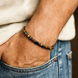 Men's Tiger Eye & Hematite Bracelet: Natural Gemstone Healing Crystal Bracelet, Root Chakra Spiritual Protection