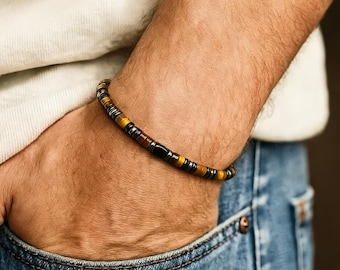 Men's Tiger Eye & Hematite Bracelet: Natural Gemstone Healing Crystal Bracelet, Root Chakra Spiritual Protection