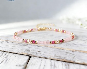 Minimalistisches Rosenquarz Kristall Armband, Turmalin Edelstein Zierliches Armband, Stein der Liebe, Herz Chakra