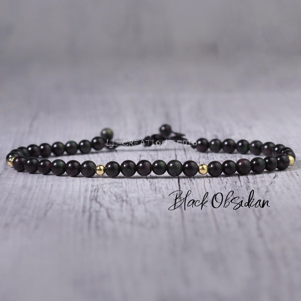 Black Obsidian Minimalist Bracelet -Natural Stone Dainty Bracelet- Healing Crystal Yoga Bracelet-Delicate Spiritual Protection Gift