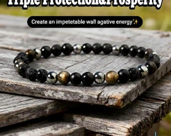 Pulsera de triple protección, ónix negro, turmalina negra natural, obsidiana con brillo dorado y cristal de hematita.