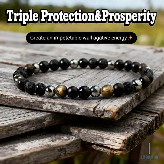 Triple Protection Bracelet, Black Onyx ,Natural Black Tourmaline Stone, Hematite Crystal Gold Sheen Obsidian