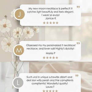 May include: A delicate silver necklace with a square pendant is displayed in a vase with white flowers. The image includes customer testimonials with star ratings, and the text "Liz Creation Studio".