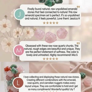 Puede incluir: La imagen muestra una colecci&oacute;n de esmeraldas en bruto sin pulir, cuarzo rosa y pepitas de cornalina. Las piedras se muestran individualmente y en un vaso. Tambi&eacute;n se incluyen testimonios de clientes.