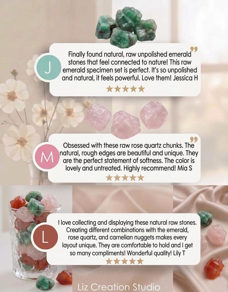Puede incluir: La imagen muestra una colecci&oacute;n de esmeraldas en bruto sin pulir, cuarzo rosa y pepitas de cornalina. Las piedras se muestran individualmente y en un vaso. Tambi&eacute;n se incluyen testimonios de clientes.