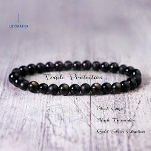 Triple Protection Empath Bracelet, Black Onyx Crystal Bracelet- Natural Tourmaline Stone, Gold Sheen Obsidian image 5