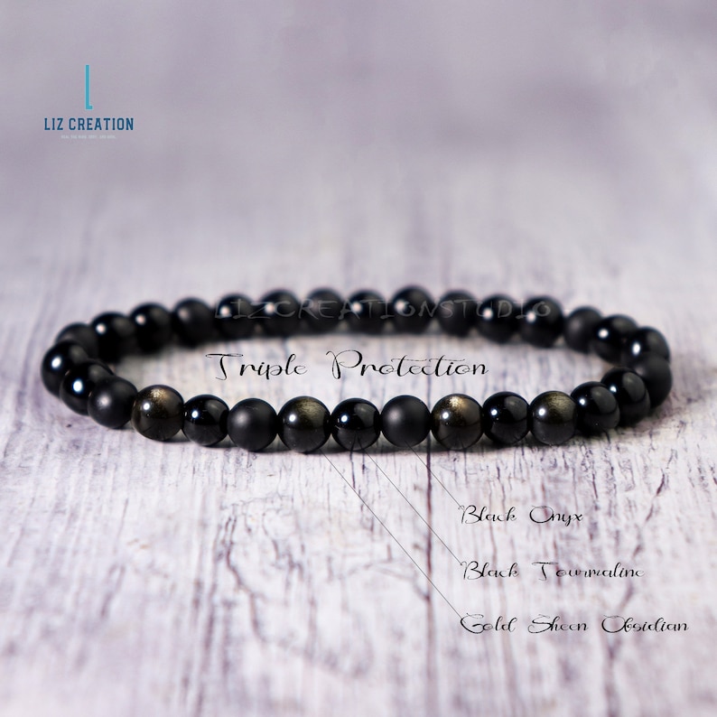 Triple Protection Empath Bracelet, Black Onyx Crystal Bracelet- Natural Tourmaline Stone, Gold Sheen Obsidian image 5