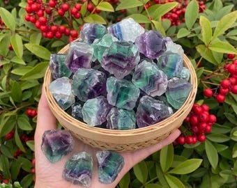 May include: A woven basket filled with raw fluorite crystals. The crystals display a mix of green, purple, and clear colors. The basket is held in front of a backdrop of green leaves and red berries.