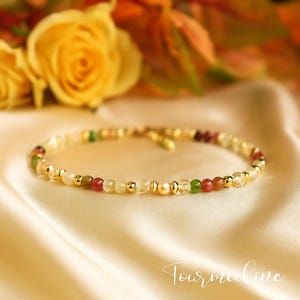 Delicate Rainbow Tourmaline Minimalist Bracelet -Natural Stone Dainty Bracelet- Tourmaline Crystal Layering Bracelet -Heart Chakra