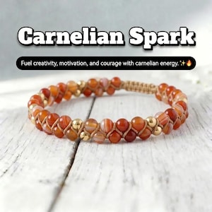 May include: A carnelian beaded bracelet with gold-colored accents. The bracelet is made of orange and white striped beads, woven together with tan string. The text "Carnelian Spark" is at the top of the image.