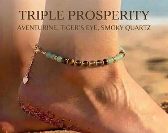 Dainty Triple Prosperity Crystal Anklet, Minimalist Aventurine Tiger Eye Smoky Quartz Foot Jewelry Gift