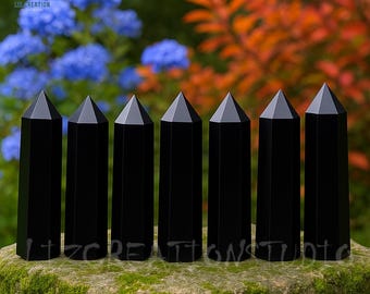 May include: Six black obsidian obelisks with pointed tops are arranged on a mossy rock. The obelisks are evenly spaced and reflect light. The background features blue and orange foliage, and the text "LIZ CREATION" is visible.