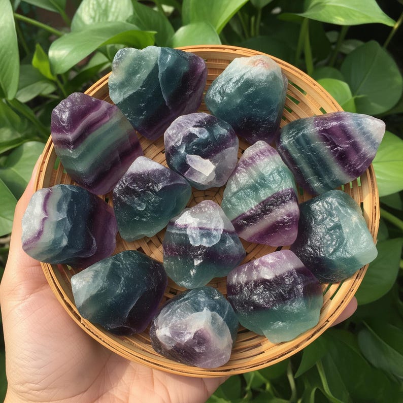 Puede incluir: Una colecci&oacute;n de cristales de fluorita en bruto en una cesta tejida. Los cristales muestran una mezcla de colores, incluyendo p&uacute;rpura, verde azulado y blanco. La cesta es sostenida por una mano, con follaje verde en el fondo. Los cristales tienen una textura rugosa y natural.