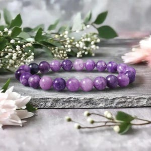 Healing Lepidolite Crystal Bracelet, Natural Gemstone Stretch Bracelet, Third Eye Chakra, Stone of Peace