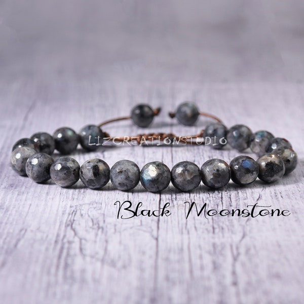 Black Moonstone Beaded Bracelet -Natural Stone Dainty Bracelet- Healing Crystal Bracelet-Delicate Spiritual Protection Gift