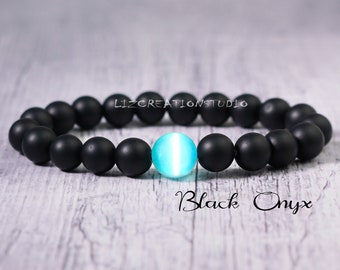 Black Onyx Bracelet- Natural Cat Eye Stone Stretch Bracelet- Healing Crystal Yoga Bracelet -Spiritual Protection Gift