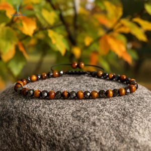 Minimalist Hematite Bracelet -Natural Tiger&#39;s Eye Stone Dainty Bracelet- Delicate Triple Protection Crystal Bracelet - Heart Chakra Gift