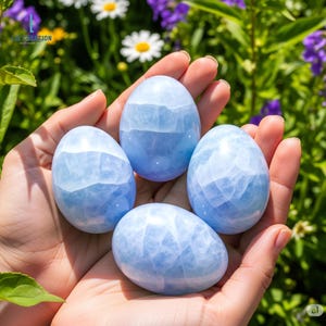 Op de afbeelding: Vier lichtblauwe, eivormige stenen worden in open handen gehouden tegen een achtergrond van groen gebladerte en bloemen. De stenen hebben een doorschijnende kwaliteit, met zichtbare interne patronen. Het algehele effect is er een van natuurlijke schoonheid en sereniteit.