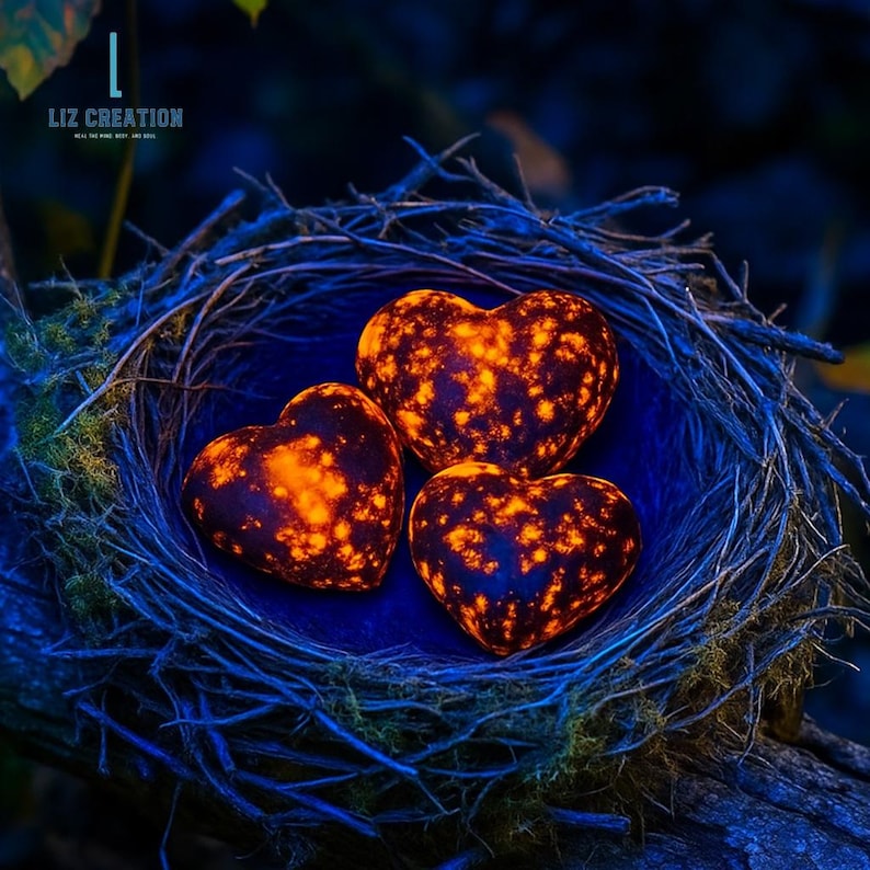 Puede incluir: Tres piedras en forma de coraz&oacute;n con un patr&oacute;n naranja fuego descansan en un nido de ramitas y musgo. El nido est&aacute; sobre una superficie azul oscuro. El texto "LIZ CREATION" est&aacute; en la esquina superior izquierda.