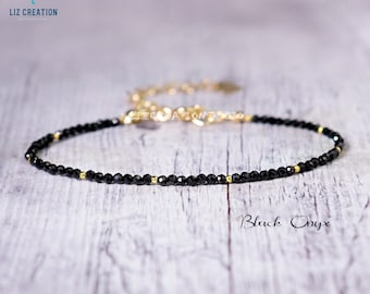 Bracelet minimaliste en onyx noir délicat, bracelet délicat en pierre d'onyx naturel - cadeau de naissance de juin, protection spirituelle en cristal de guérison