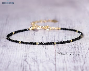 Delicada pulsera minimalista de ónix negro, pulsera delicada de piedra de ónix natural- cristal curativo protección espiritual regalo de piedra de nacimiento de junio