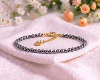 Dainty Hematite Bracelet, Minimalist Metallic Grounding Stone, Spiritual Protection Crystal Jewelry Gift