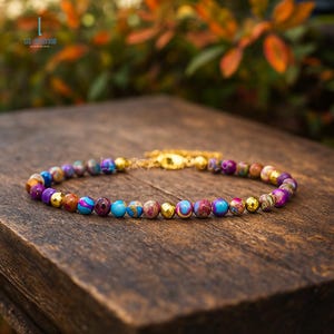 Galaxy Sea Sediment Jasper Dainty Bracelet, Natural Gemstone Minimalist Bracelet, Delicate Crystal Bracelet - Heart Chakra ,Layering