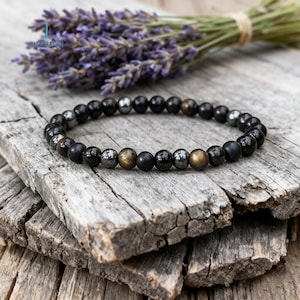 Drievoudige beschermingsarmband, zwarte onyx, natuurlijke zwarte toermalijn, hematietkristal goudglans obsidiaan afbeelding 12