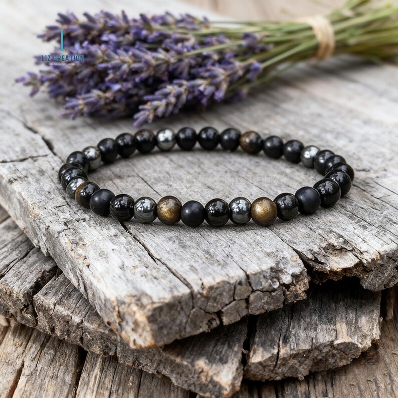 Drievoudige beschermingsarmband, zwarte onyx, natuurlijke zwarte toermalijn, hematietkristal goudglans obsidiaan afbeelding 12