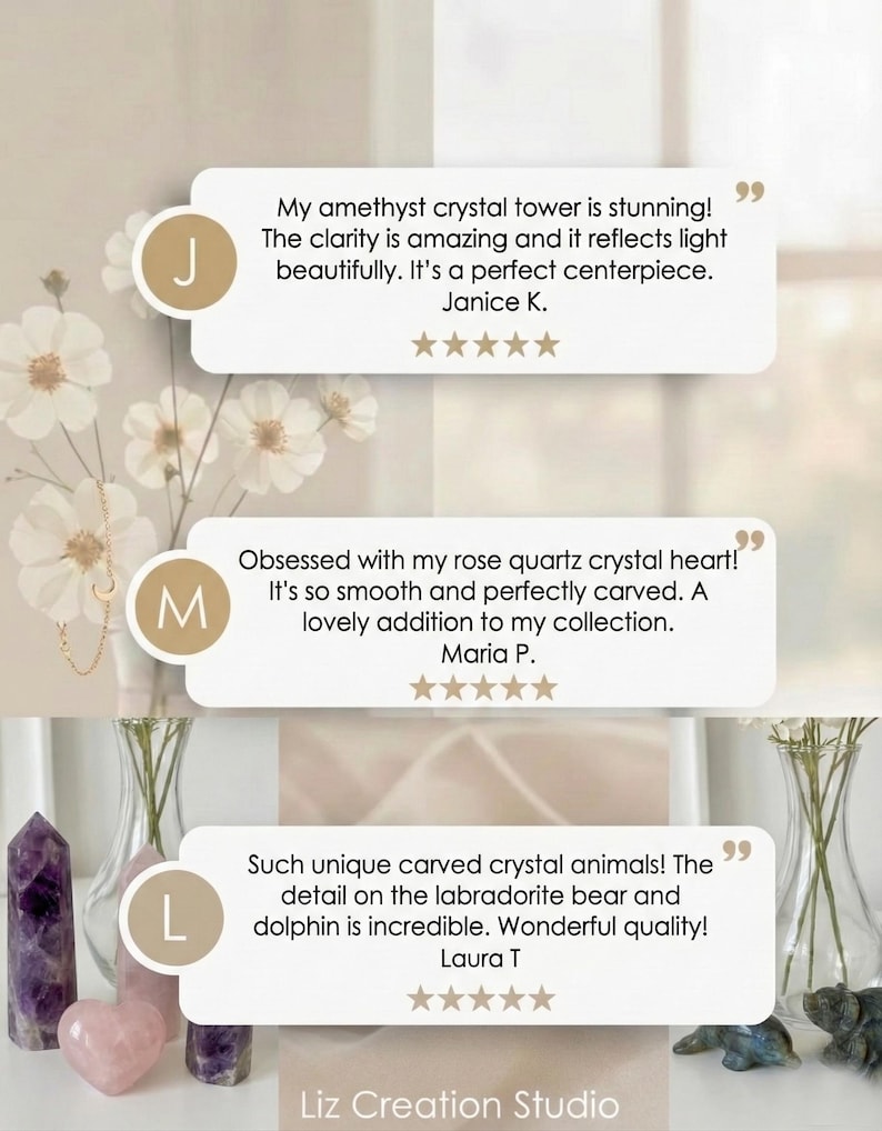 May include: An image showcasing a variety of crystal sculptures. Featured are an amethyst crystal tower, a rose quartz crystal heart, and carved labradorite animals. The image includes customer testimonials and the shop's name.