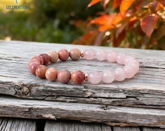 Bracciale in quarzo rosa naturale e rodonite - Regalo per lei all'insegna dell'amore per se stessi e della compassione, chakra del cuore