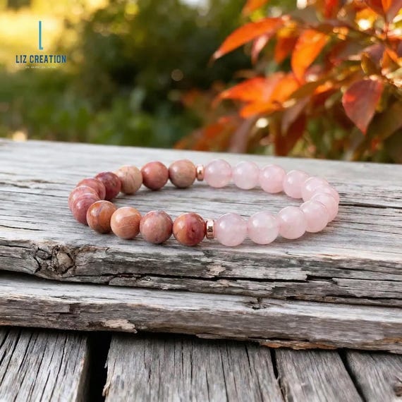 Natural Rose Quartz Rhodonite Crystal Bracelet - Self-Love & Compassion Gift for Her, Heart Chakra