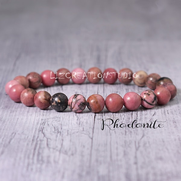 Rhodonite Beaded Bracelet - Natural Stone Stretch Bracelet- Healing Crystal Yoga Bracelet -Spiritual Protection Gift