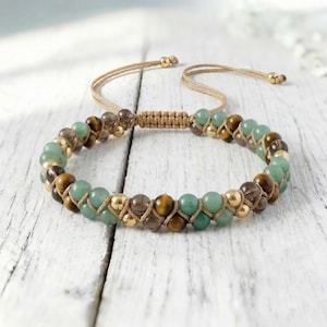 Triple Prosperity Bracelet, Green Aventurine Tiger Eye Smoky Quartz Abundance Jewelry, Success Crystal Gift image 2