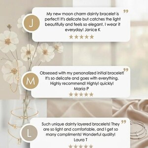 May include: Gold-colored dainty layered bracelets with moon, infinity, and initial charms. The image includes customer reviews and the text "Liz Creation Studio."