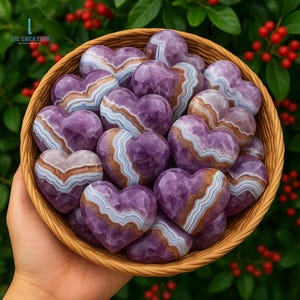 Amethyst Mexican Lace Agate Stone Hearts, Natural Amethyst Lace Agate Crystal Quartz Hearts, Mineral Specimens Crystal Gifts, Crown Chakra