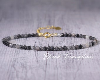 Black Tourmaline Rutilated Quartz Minimalist Bracelet -Natural Stone Dainty Bracelet- Delicate Crystal Bracelet, Root Chakra Gift for Women