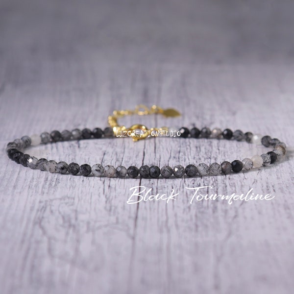 Bracelet minimaliste en quartz rutilé en tourmaline noire - Bracelet délicat en pierre naturelle - Cadeau de protection spirituelle délicat en cristal de guérison