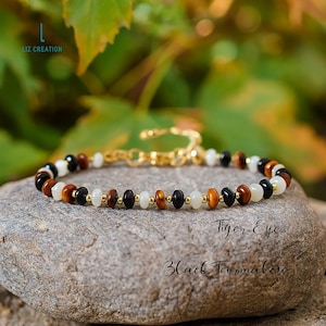 Tiger Eye Minimalist Bracelet -Natural Black Tourmaline Gemstone Dainty Crystal Bracelet, Healing Solar Plexus Chakra and Root Chakra Gift